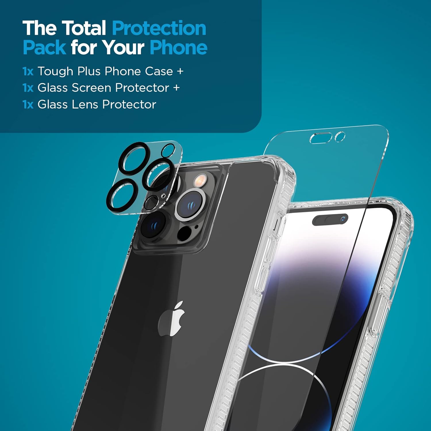 Case-Mate [3 in 1] Protection Pack - iPhone 14 Pro Max Case (Tough Clear), Tempered Glass & Lens Protector- 15ft Drop Protection, Wireless Charging Compatible - Anti Yellowing, Shockproof Anti Scratch