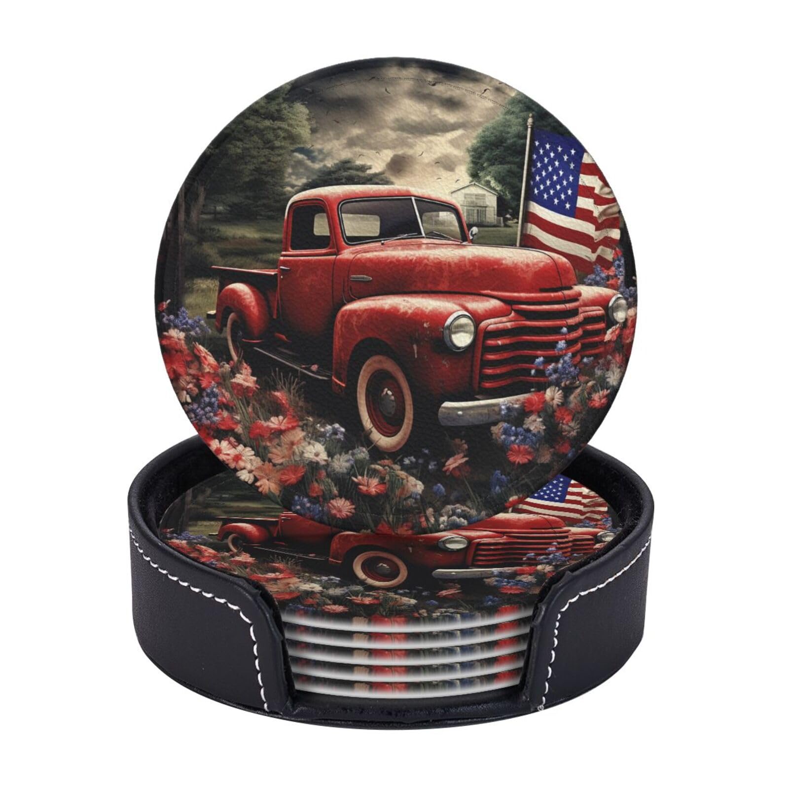 Round Coasters for Drinks Set of 6 - PU Leather Coasters with Holder - Modern Drink Coasters for Coffee Table - 4th of July Patriotic Old Red Truck Coaster for Tabletop Protection 4" Cup Mat Pad