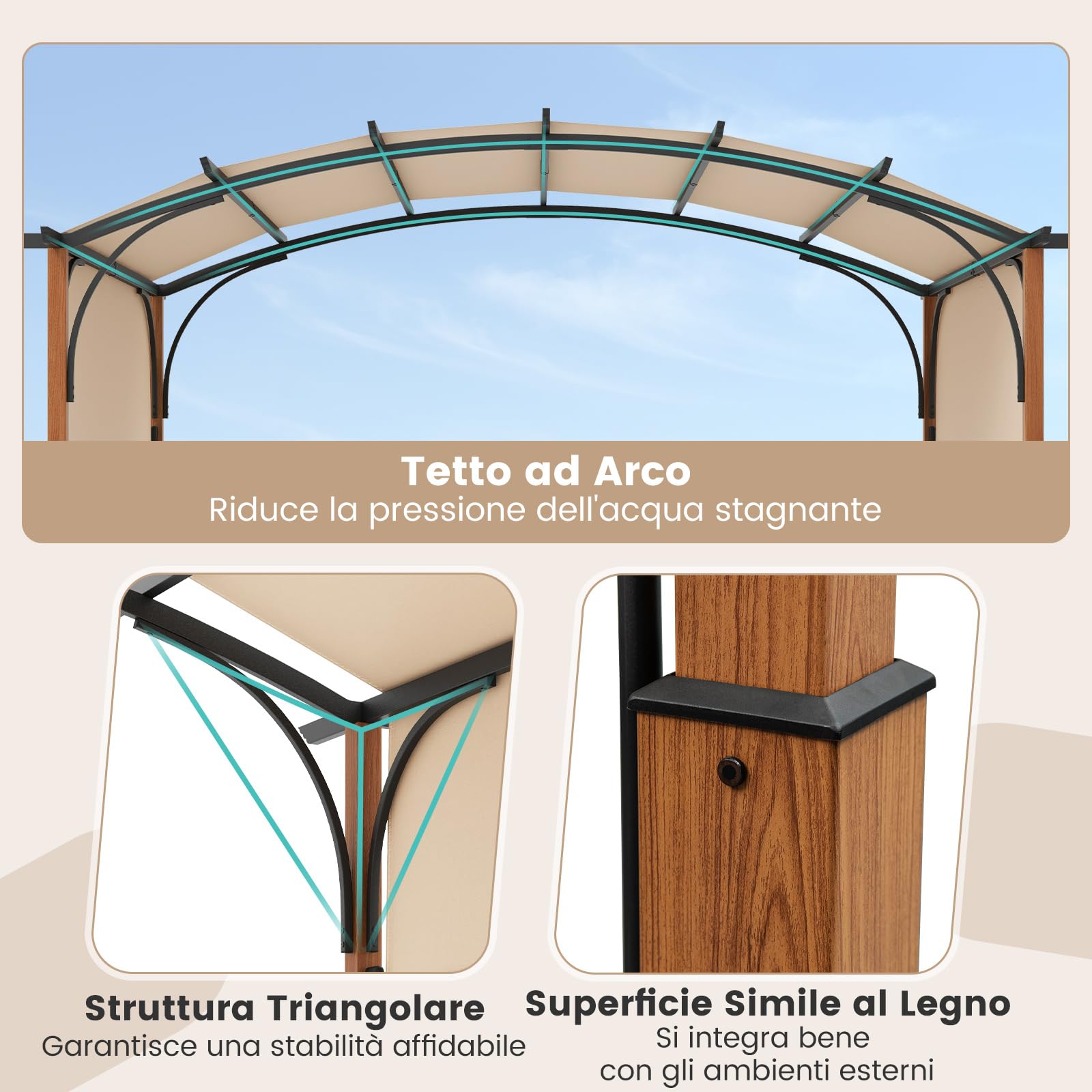 COSTWAY Gazebo Pergola da Giardino 3 x 3,6 m, Pergola da Esterno con Telaio Curvo e Tettuccio Retrattile, con Struttura in Metallo, per Giardino, Patio e Portico (Beige)
