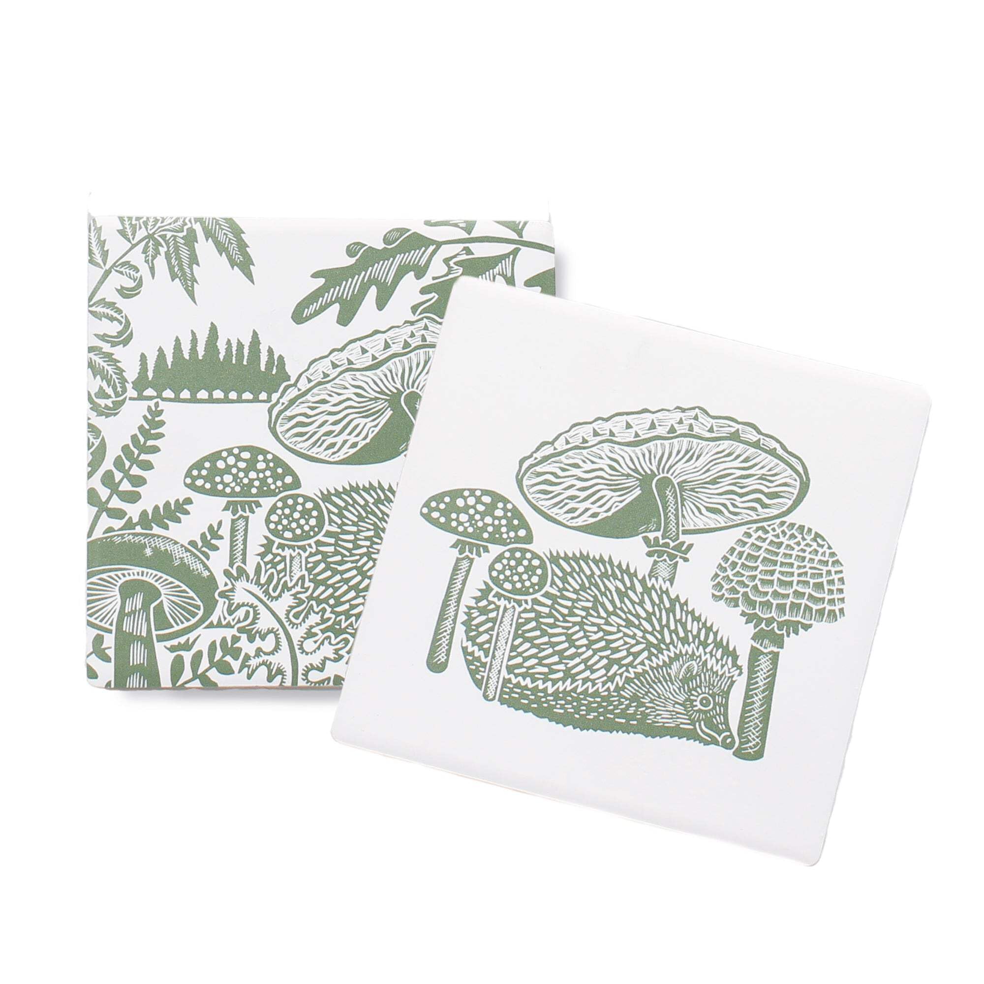 Half Moon Bay Woodland Walk - Hedgehog and Mushrooms - by Kate Heiss - Sage Green/White 4 Inch Stoneware Drink Beverage Coaster; Set of 2, CSTS2KH02