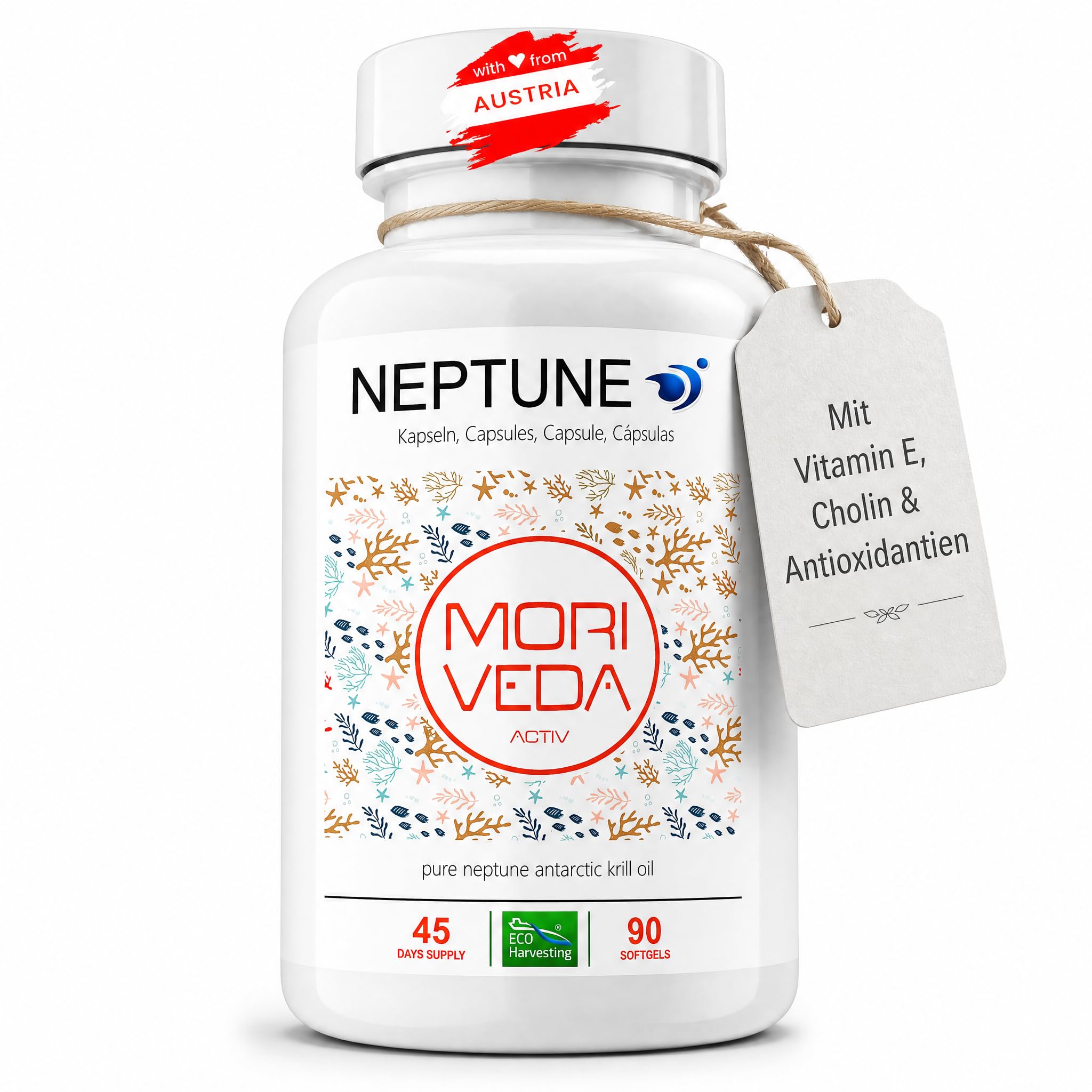 Moriveda NEPTUNE Capsules d’huile de krill, 90 softgels, réserve de 45 jours, avec Oméga-3 6 9 (EPA/DHA), antioxydants, vitamine E & choline, certifié MSC & durable