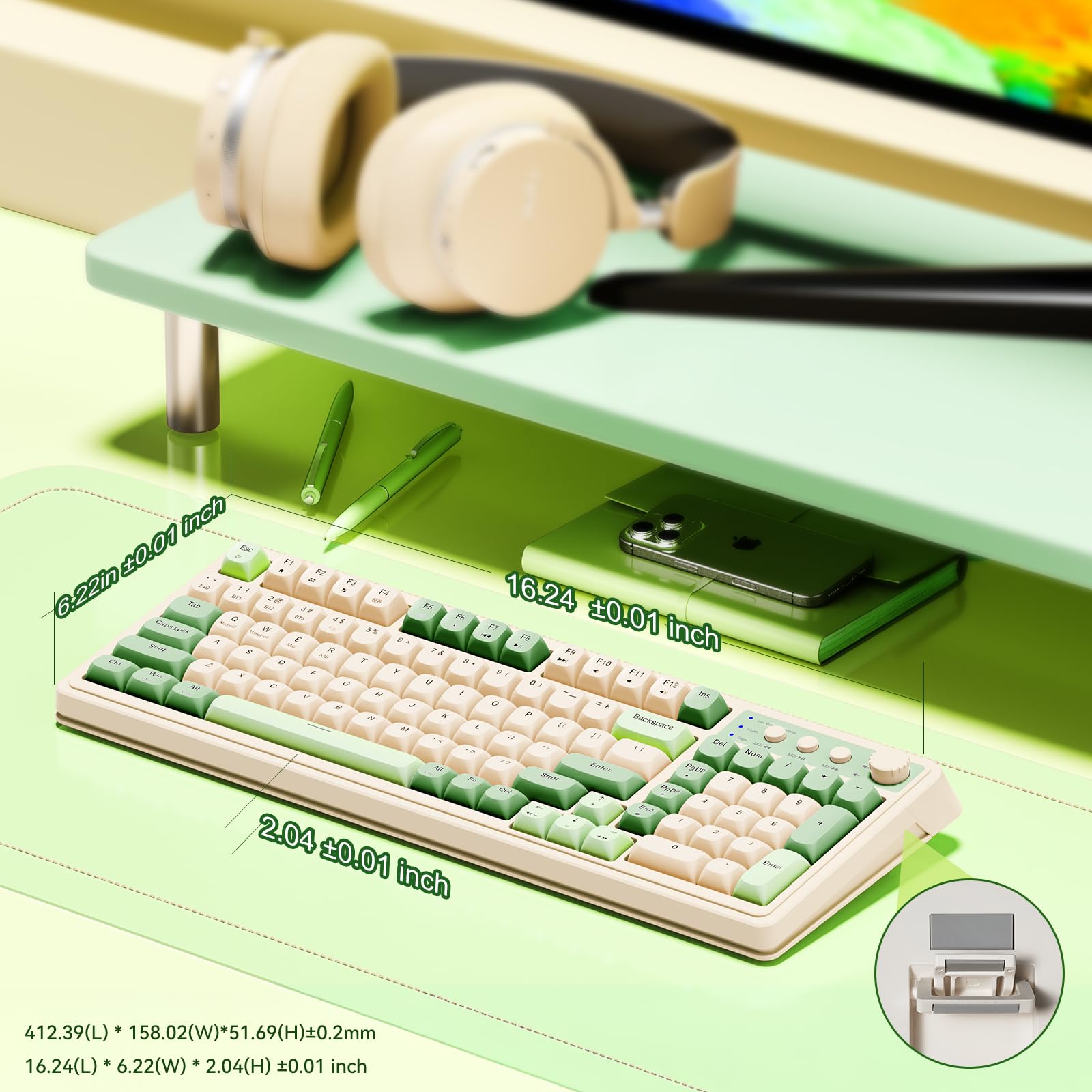 AULA S99 Gaming Keyboard, Wireless Computer Keyboards, Tri-Mode Bluetooth/2.4GHz/USB-C Custom Creamy Keyboard with Number Pad, RGB Backlit Media Knob Cute Programmable Keyboard for PC Gamer - Green - 4