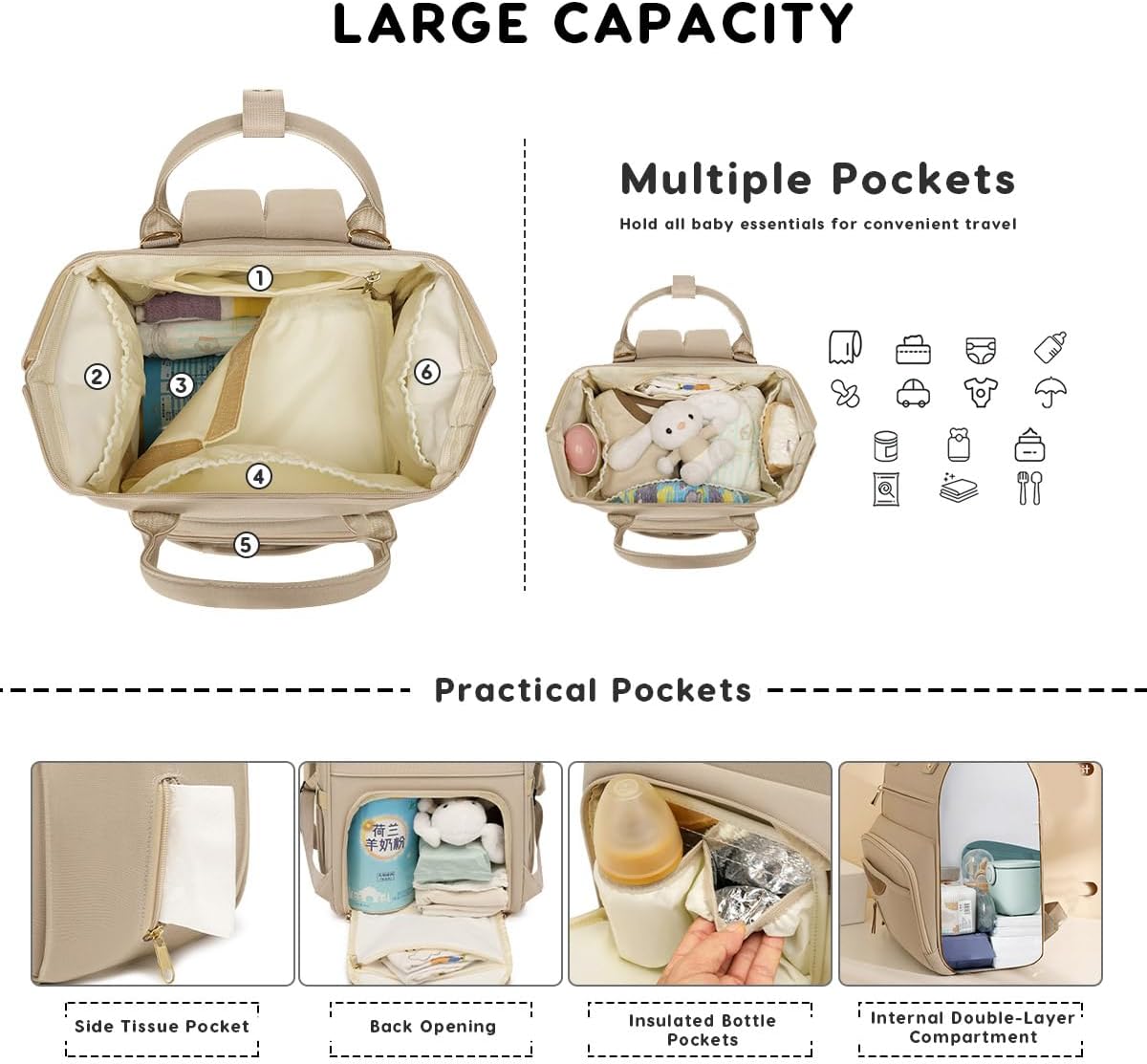 Portable Multifunctional Diaper Backpack,Large Capacity Travel Nappy Changing Bag Mummy Bag with Stroller Straps(Apricot)