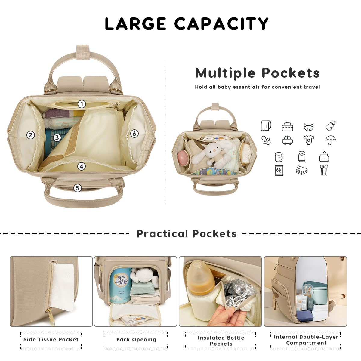 SONARIN Portable Multifunctional Baby Changing Backpack,Large Capacity Waterproof Diaper Bag with Insulated Bottle Pockets,Travel Maternity Nappy Bag with Stroller Straps(Pink) - Image 3