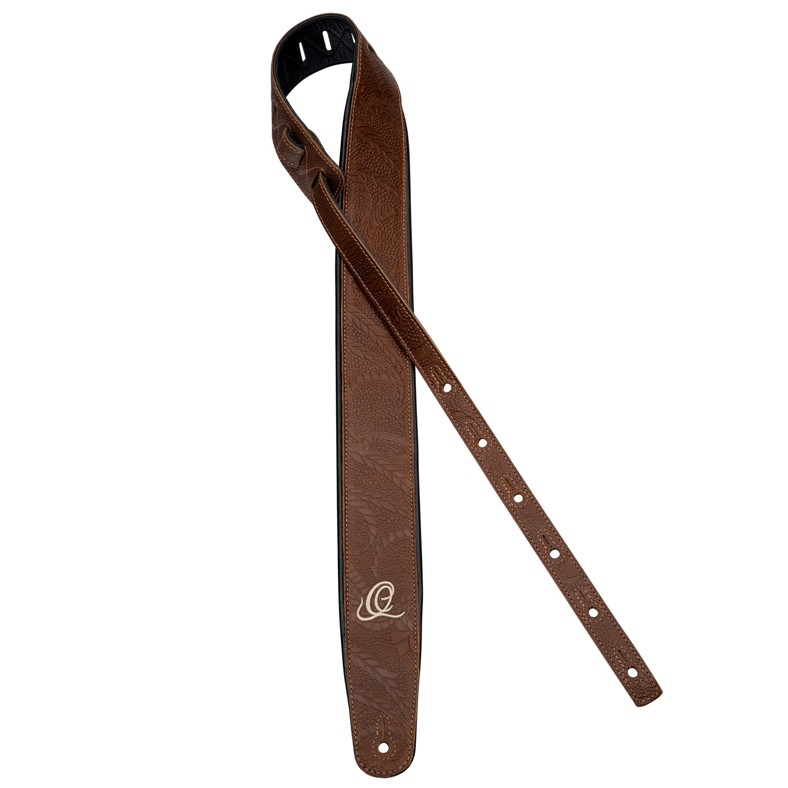Ortega Guitars Gitarrengurt Länge Verstellbar - Akustik Gitarre / Bass, E-Gitarre, E-Bass - Custom Series - Echtleder, Natural Brown Flora (OSCU-2)