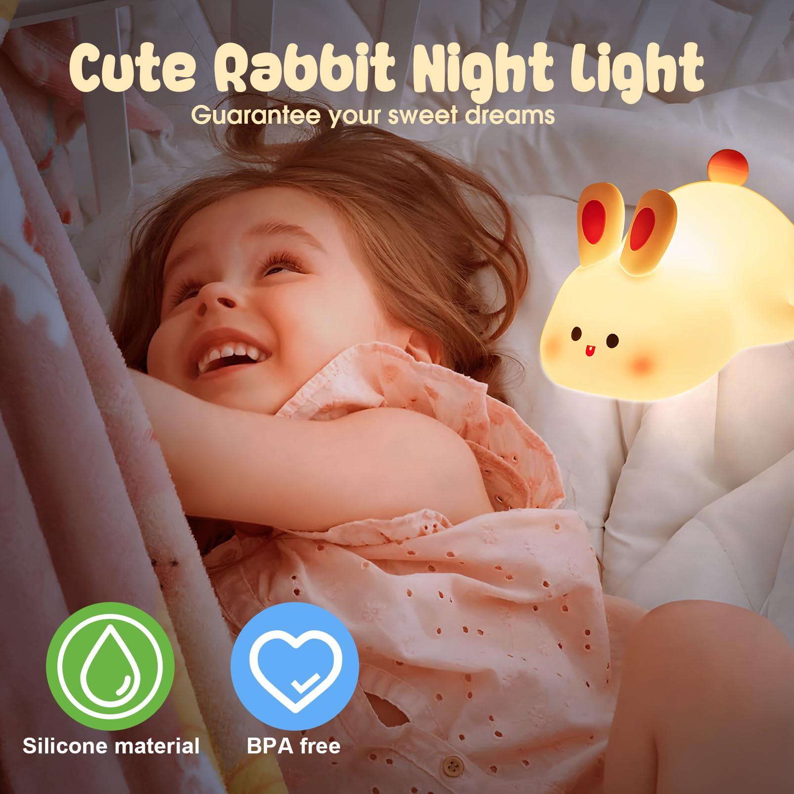 Auezona Luce Notturna Bambini, Lampada Notturna per Bambini Coniglio, Luce Notturna Ricaricabile USB, LED Lampada Coniglio per Bambini Silicone Touch con Timer, Regalo Neonato Compleanno Natale