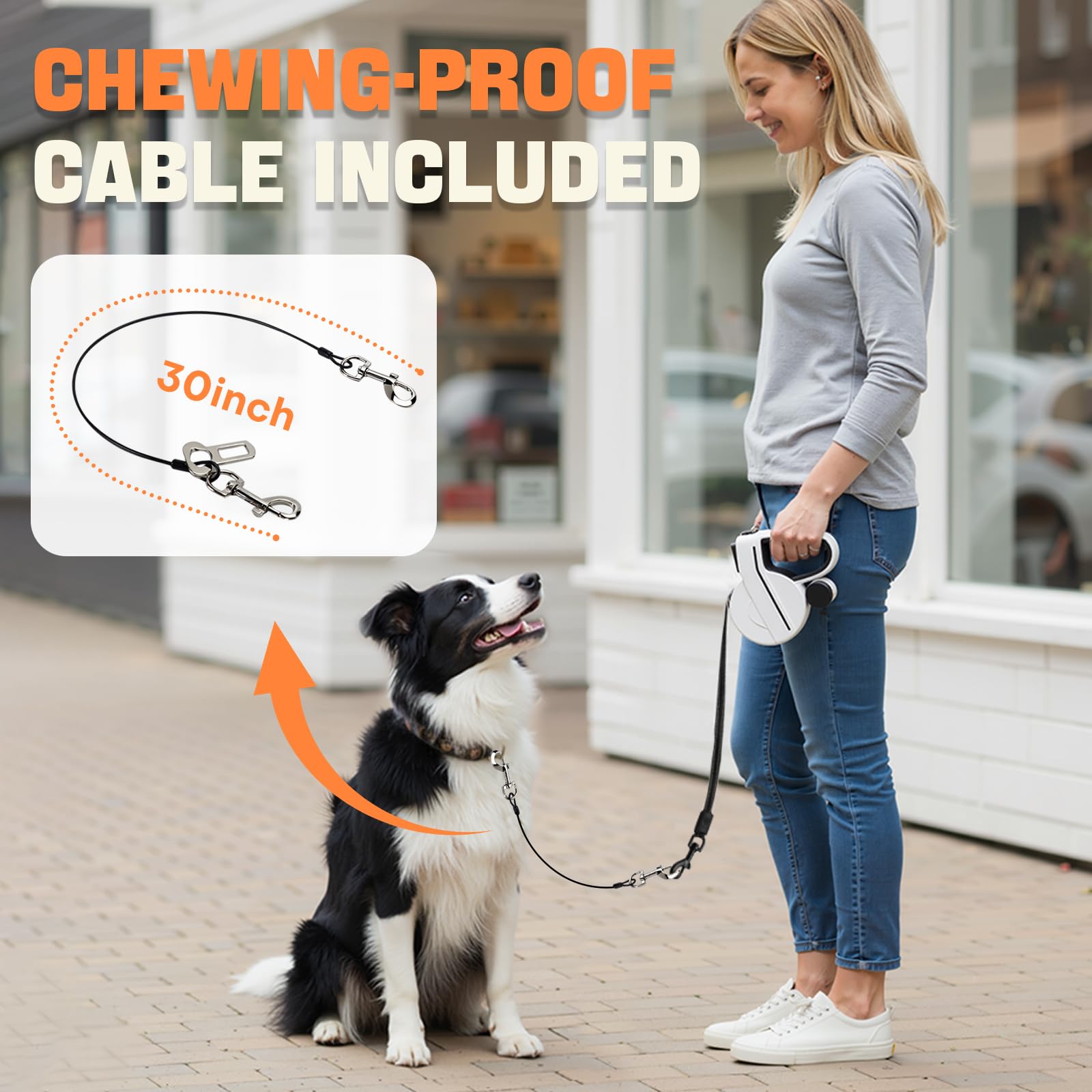 Einziehbare Hundeleine mit LED-Licht für nächtliche Spaziergänge, einziehbare Hundeleine mit Kotbeuteln für mittelgroße Hunde, Schnellverriegelung und rutschfester Griff (WHT&BLK)