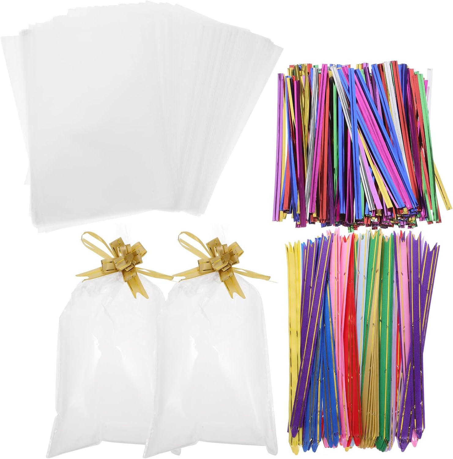 VICASKY Cellophane Bags 400pcs 15x25cm with Decorative Pull Bows and Metal Twist Ties for Candy Cookie Snack Party Favors and Present Wrapping