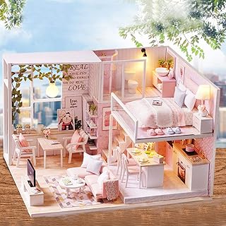 Gugxiom DIY Miniature Dollhouse Kit Pink Mini House with Tiny Furniture, 1:24 Miniature Dollhouse with LED Light DIY Miniature House Kit, Mini House Kit Wooden for Girl Present