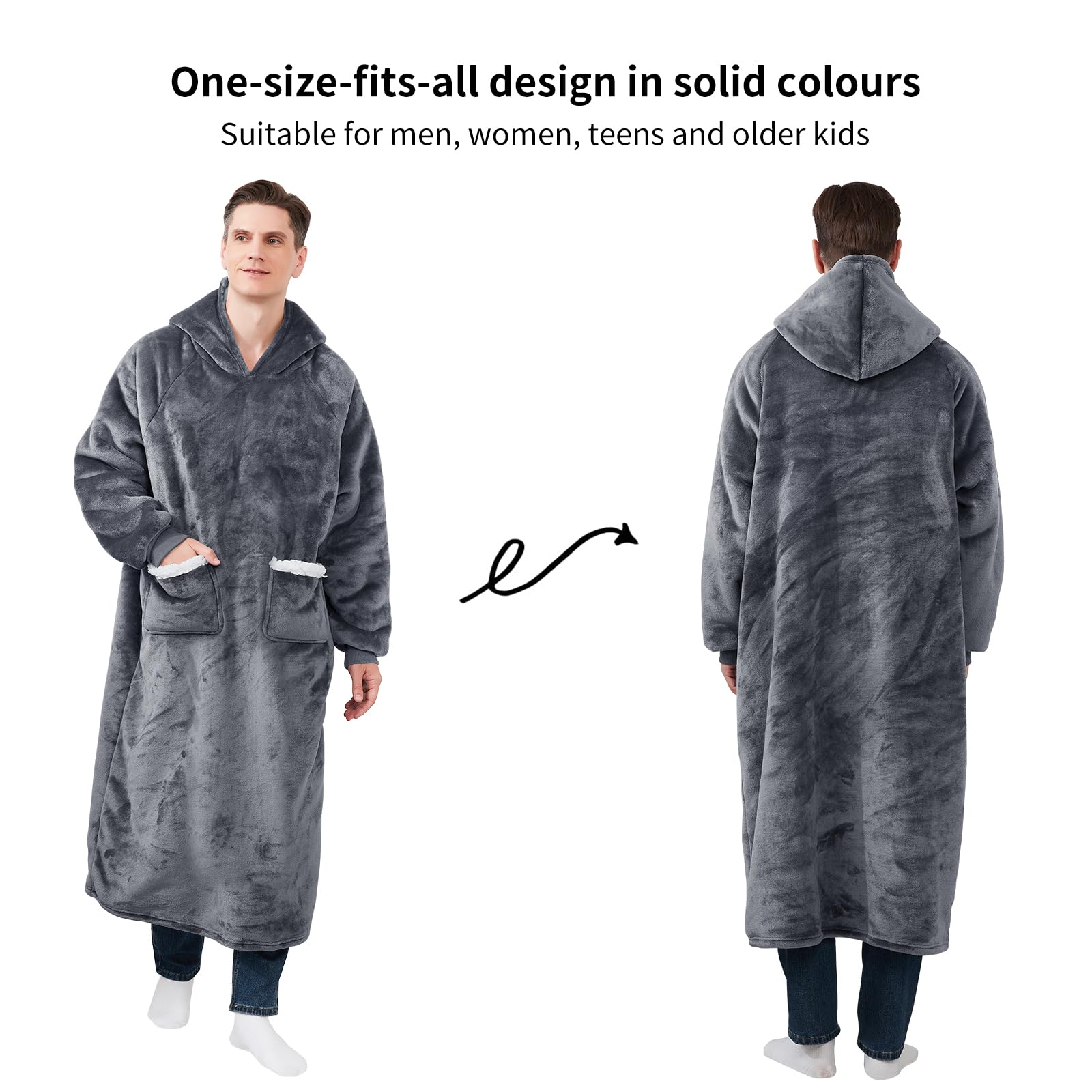 Aisbo Plaid Felpa Coperta con Maniche - Pigiama Coperta Indossabile Donna e Uomo Oversize con Manica e Cappuccio Plaid da Divano con Braccia Pile di Sherpa, Hoodie Blanket (Grigio Scuro,130x82cm)
