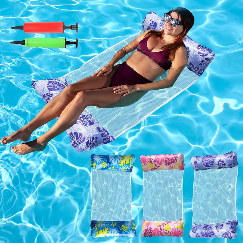 KBIBCK 3 Pack Inflatable Pool Floats Hammock,Inflatable Pool Lounger,Pools Float Water Hammocks with Manual Air Pump,4-in-1 Water Hammock InflatableFloating Chair Bed Raft Recliner Float for Adult Kid