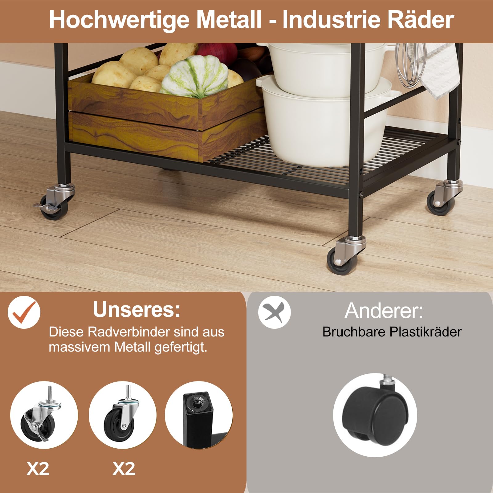 Küchenwagen, Mehrzweck Rollwagen Kuchenrollwagen mitjustierbaren Ablagen,Metallgestell & Industrial-Rollen,(schwarzes Gestell + braunes Panel, 3 Ebenen (40 x 60 x 84.7 cm))
