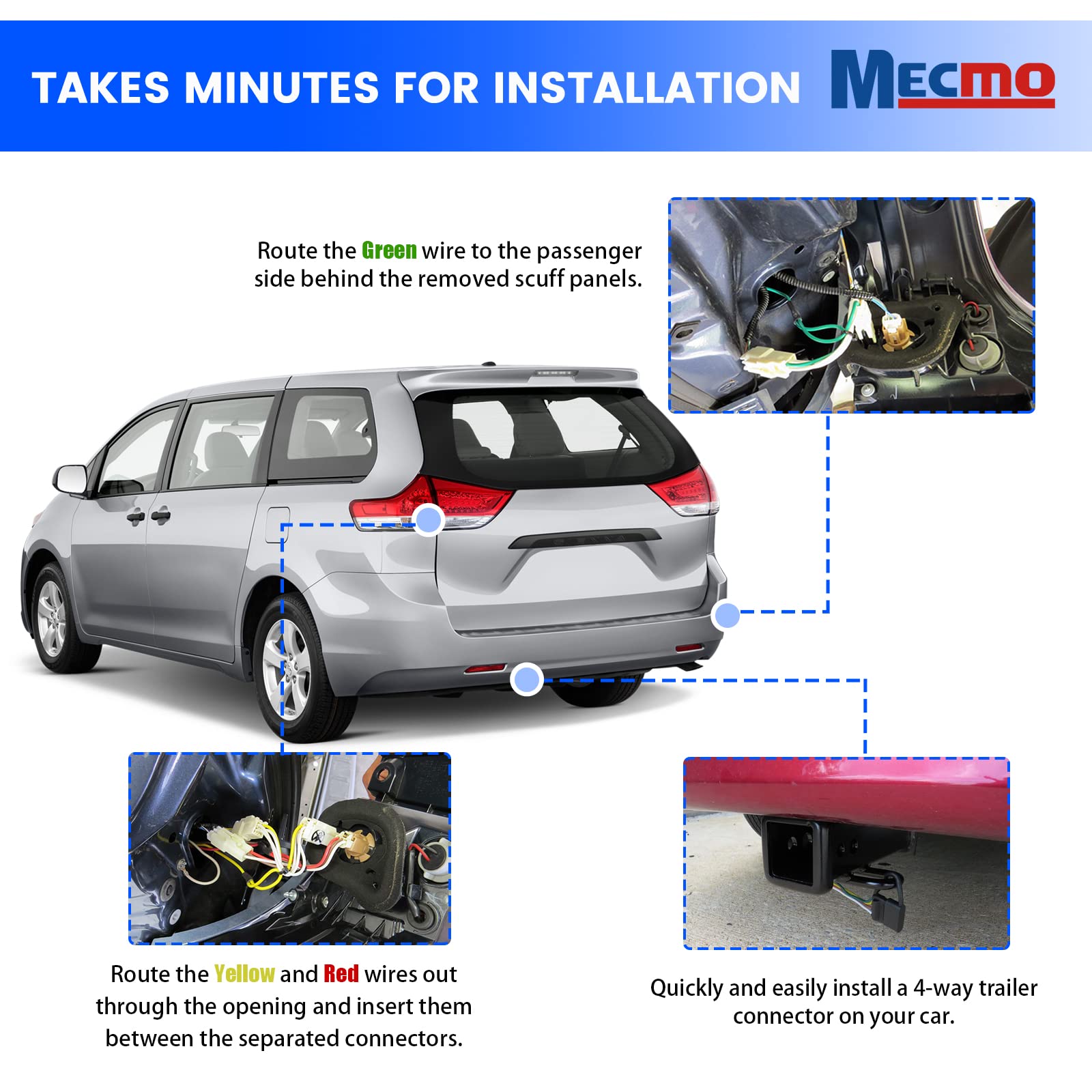 MECMO Arnés de cableado plano de 4 vías para Toyota Sienna 2015-2022, excluyendo SE, conector en T con convertidor de luz trasera alimentado, cableado de enganche plano de 4 polos para el lado del