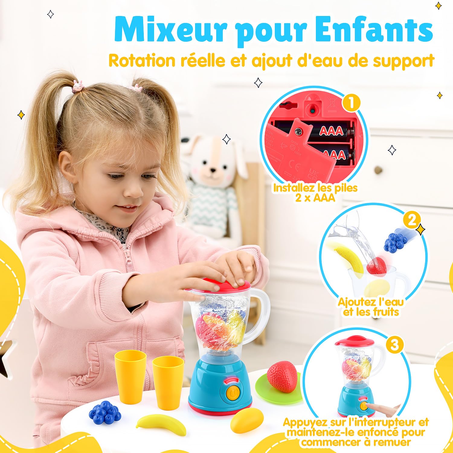 PLAY Accessoire Cuisine Enfant, Set de Ustensile Cuisine Enfant avec Cafetière, Mixer, Jouets Alimentaires, Eclairage et Son Réalistes, Kit Cuisine pour Enfant 3+ Ans