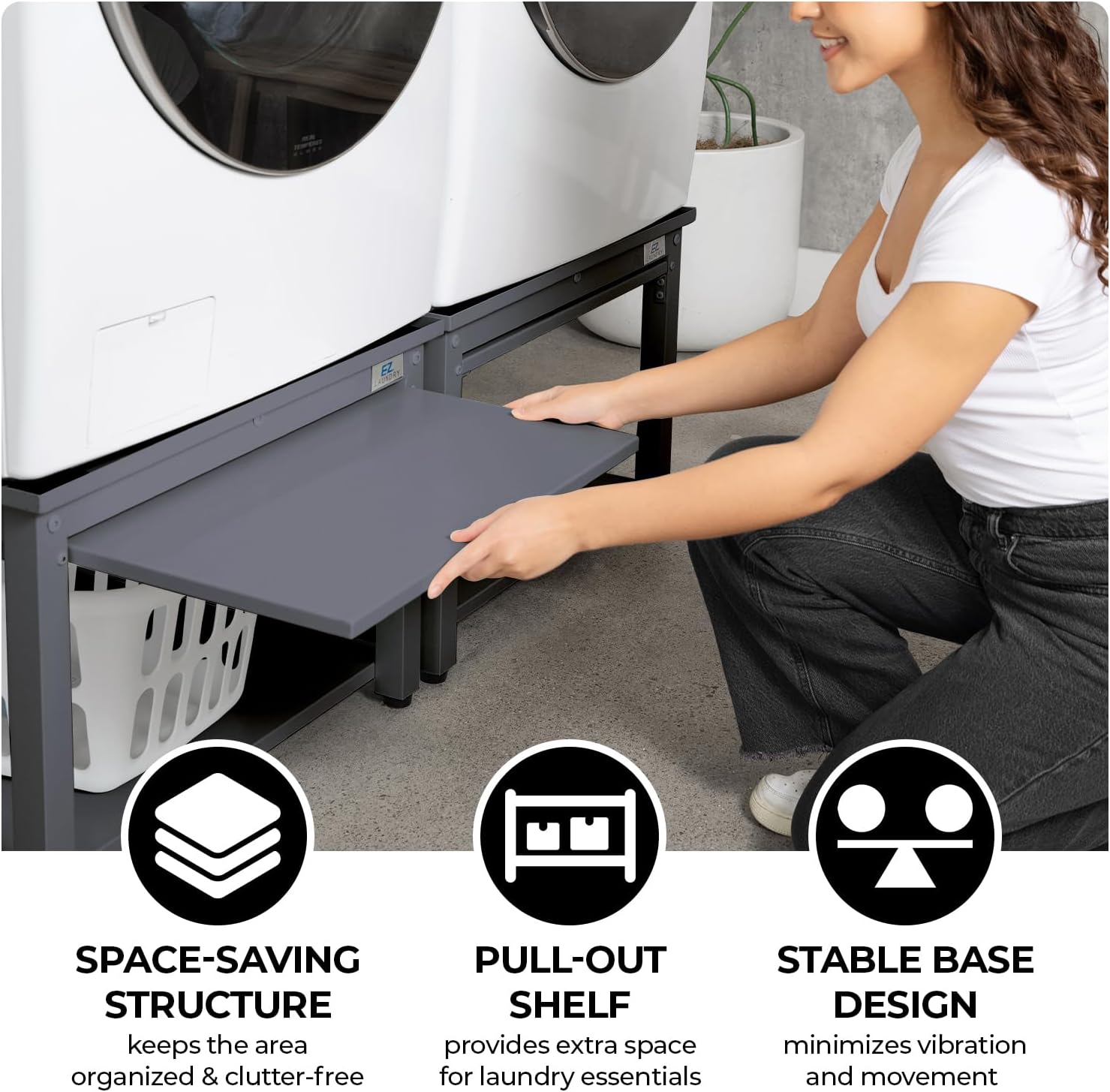Washer and Dryer Pedestal with Pullout-Shelf - 29" W, 18" H, Gray Steel Universal Fit with Major Brands | Laundry Pedestal with Drain Pan & Hose | Washer Stand for Back Pain Relief, 800 lbs Capacity