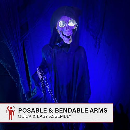 Miniatura 7 de Haunted Hill Farm Parca aterradora de tamaño real con cadena, animatrónica de Halloween con luces y sonidos activados por el tacto, funciona