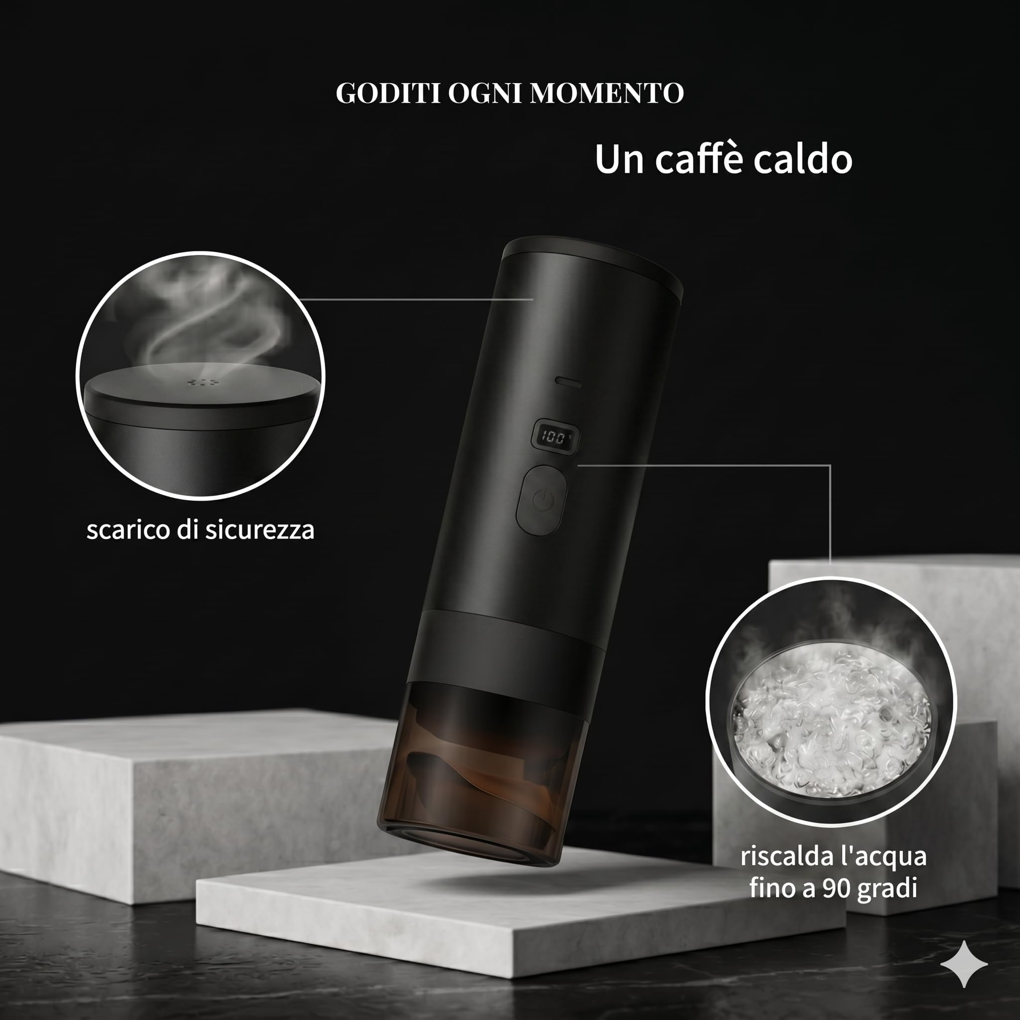 Macchina Caffè Espresso Portatile 3 in 1, Macchina da Caffè Italiana Automatica con Funzione Riscaldamento, Compatibile con Capsule Grandi, Piccole e Polvere, Batteria Ricaricabile USB (Nero)