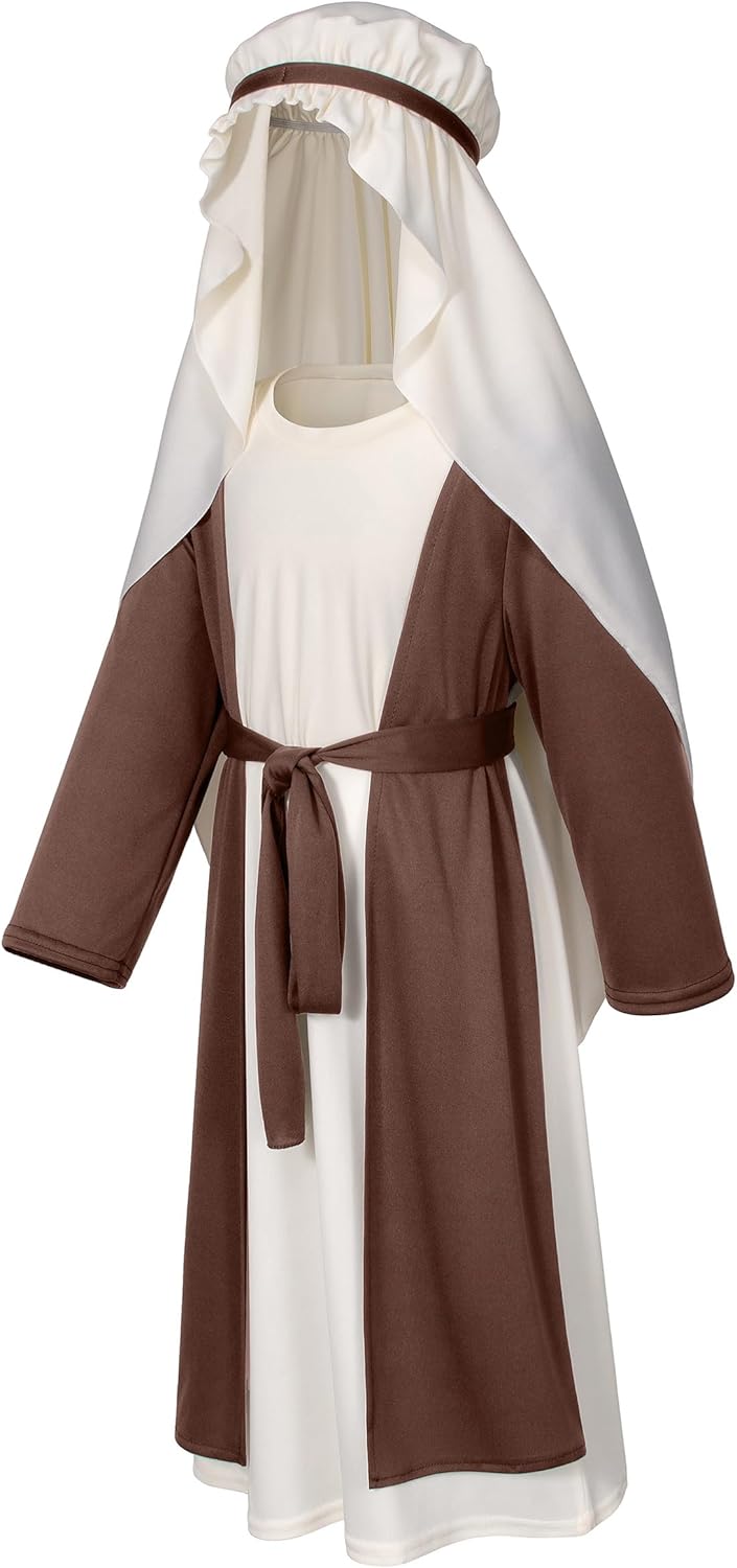 Irtysh Kids Biblical Saint Joseph Costume Jesus Robe Fancy Dress Sherherd Costume Staffs Headwrap Hat Waist Rope Set - Image 2