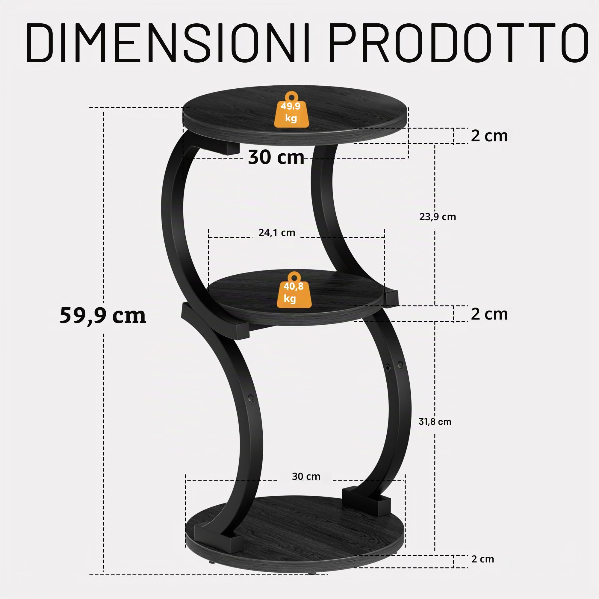 JUSTOGO Piccolo tavolino rotondo, tavolino a 3 ripiani per soggiorno, comodino vintage per piccoli spazi, divano, comodino ad angolo, camera da letto, tavolino in legno a forma di S, tavolino da caffè