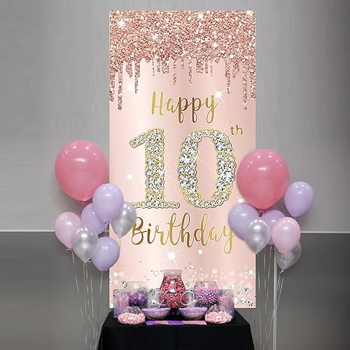 Miniatura 5 de Cartel de feliz cumpleaños 10 para puerta, decoración de fondo de oro rosa rosa para fiesta de cumpleaños de 10 años, suministros para cubierta de