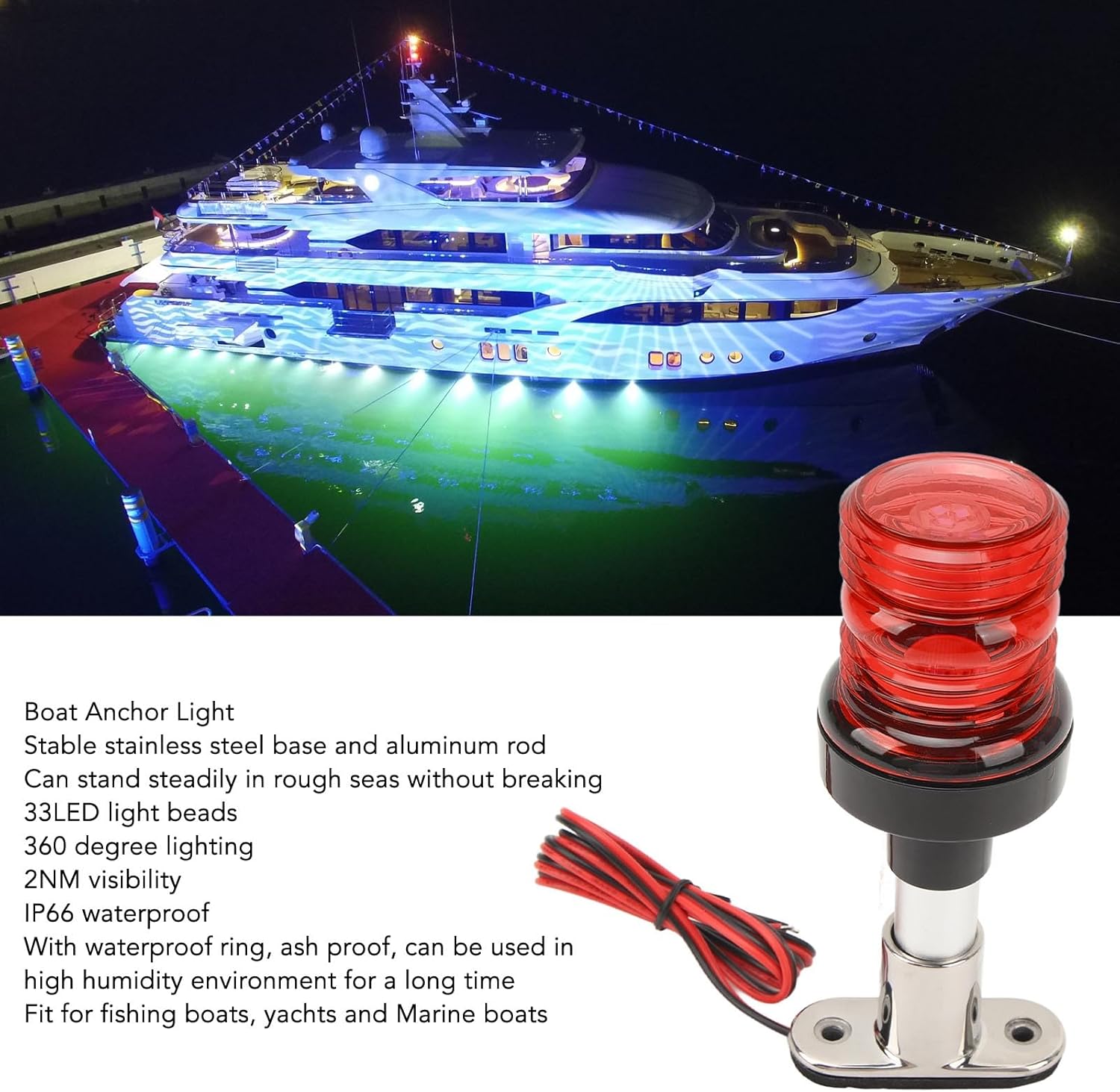 Marine LED Navigation Anchor Light, Stainless Steel Boat Anchor Light, Stable Boat Stern Light for Fishing Boats and Yachts (Red)