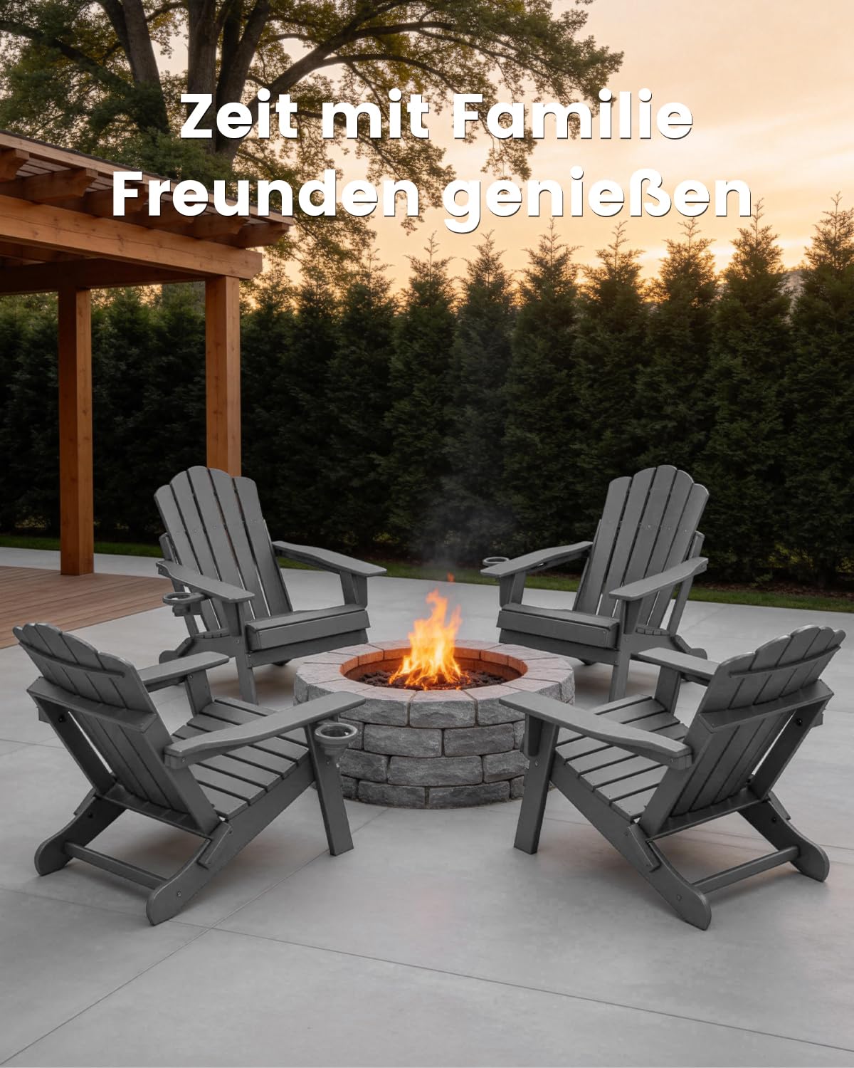 Klappbarer Adirondack Chair mit Breiten Armlehnen, Terrassenstuhl aus HDPE, Wetterfester Balkonstuhl & Relaxstuhl, Grau Matt