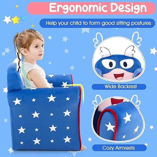 Miniatura 4 de HONEY JOY Sofá para niños, sillón para niños pequeños con patrón Flyman, mini muebles de sala de juegos para niños, construcción de madera