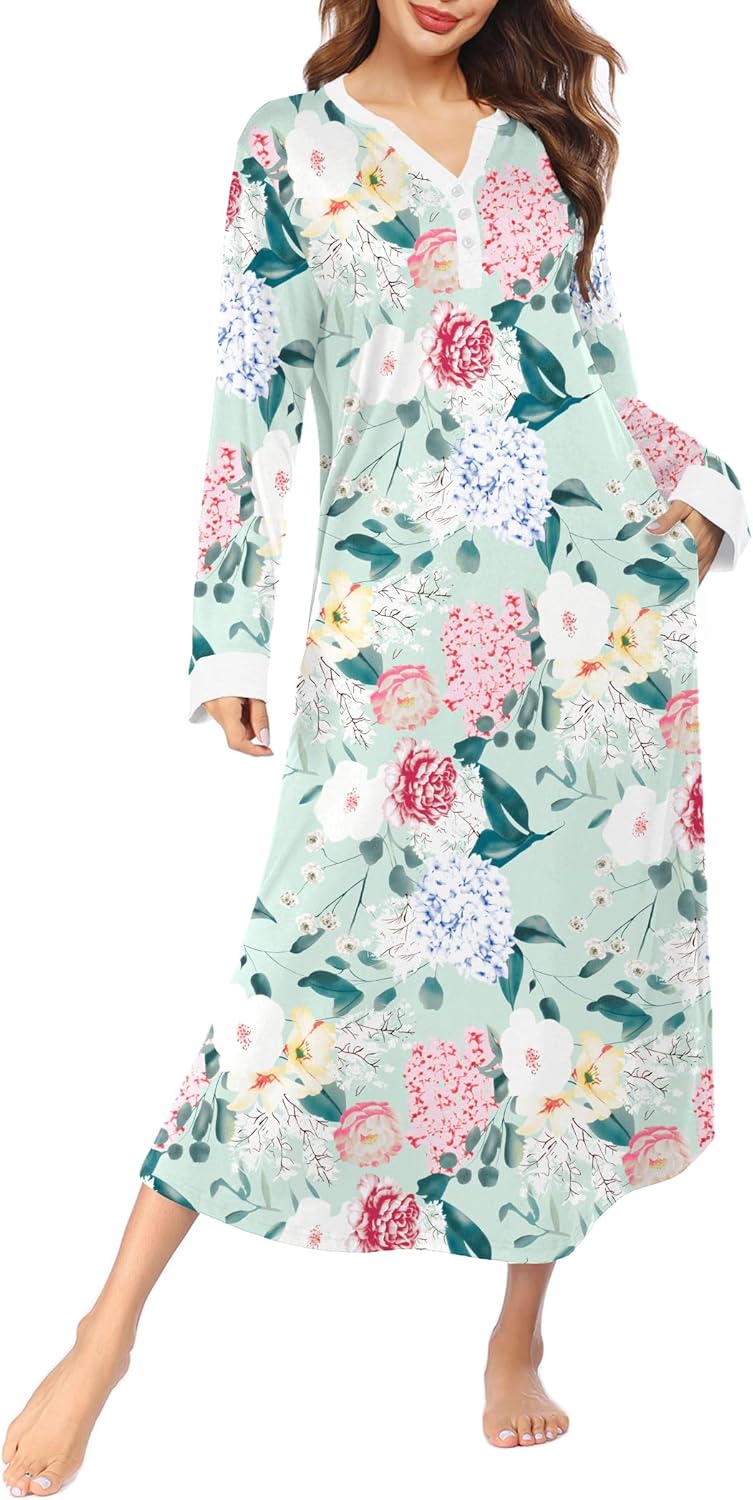 Ekouaer Womens Nightgown Long Loungewear V Neck Nightshirt Sleepwear Full Length Sleepshirt with Pockets