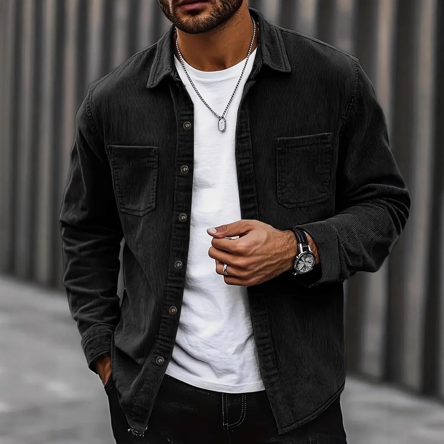 Men's Button Down Corduroy Shirt Jacket Casual Long Sleeve Shacket Lightweight Overshirts With Chest Pockets, S-2XL
