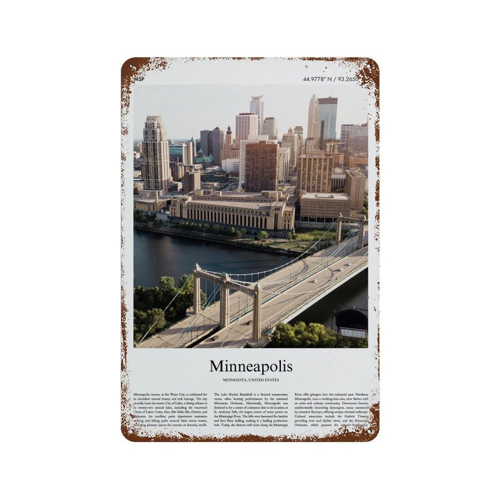 xiaoxiaoshen Minneapolis Minnesota, United States, USA City Scenery Wall Decor Art Metal Tin Poster Modern Home Decor Art Home Bar Shop Decorations Vintage Sign 30x20cm