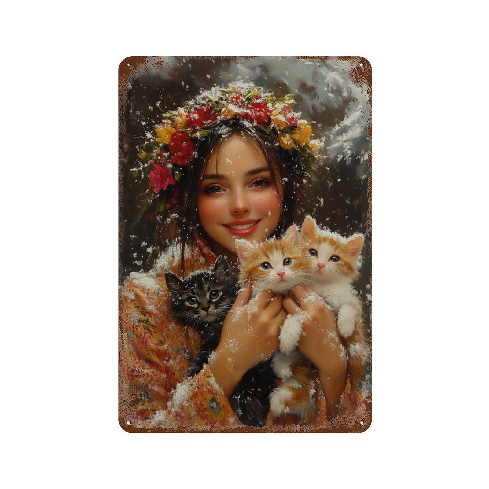 Winter Floral Crown with Kittens-2 Rust Effect Tin Sign 11.8"x7.9", Farmhouse Wall Decor for Living Room, Hallway And Home Decor