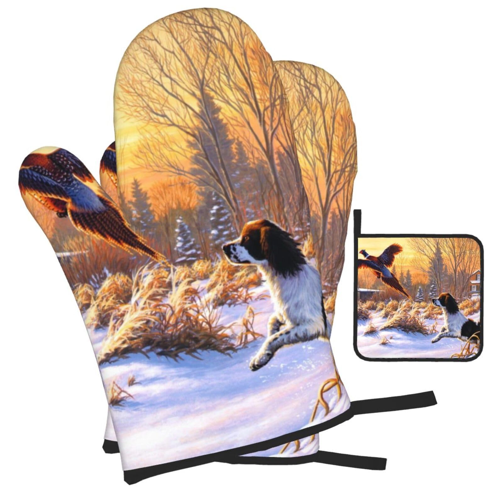 Dog Catching Pheasant Printed Oven Mitts and Pot Holders Heat Resistant Set of 3 Pcs, Modern Kitchen Gloves & Potholders for Cooking Baking Grilling