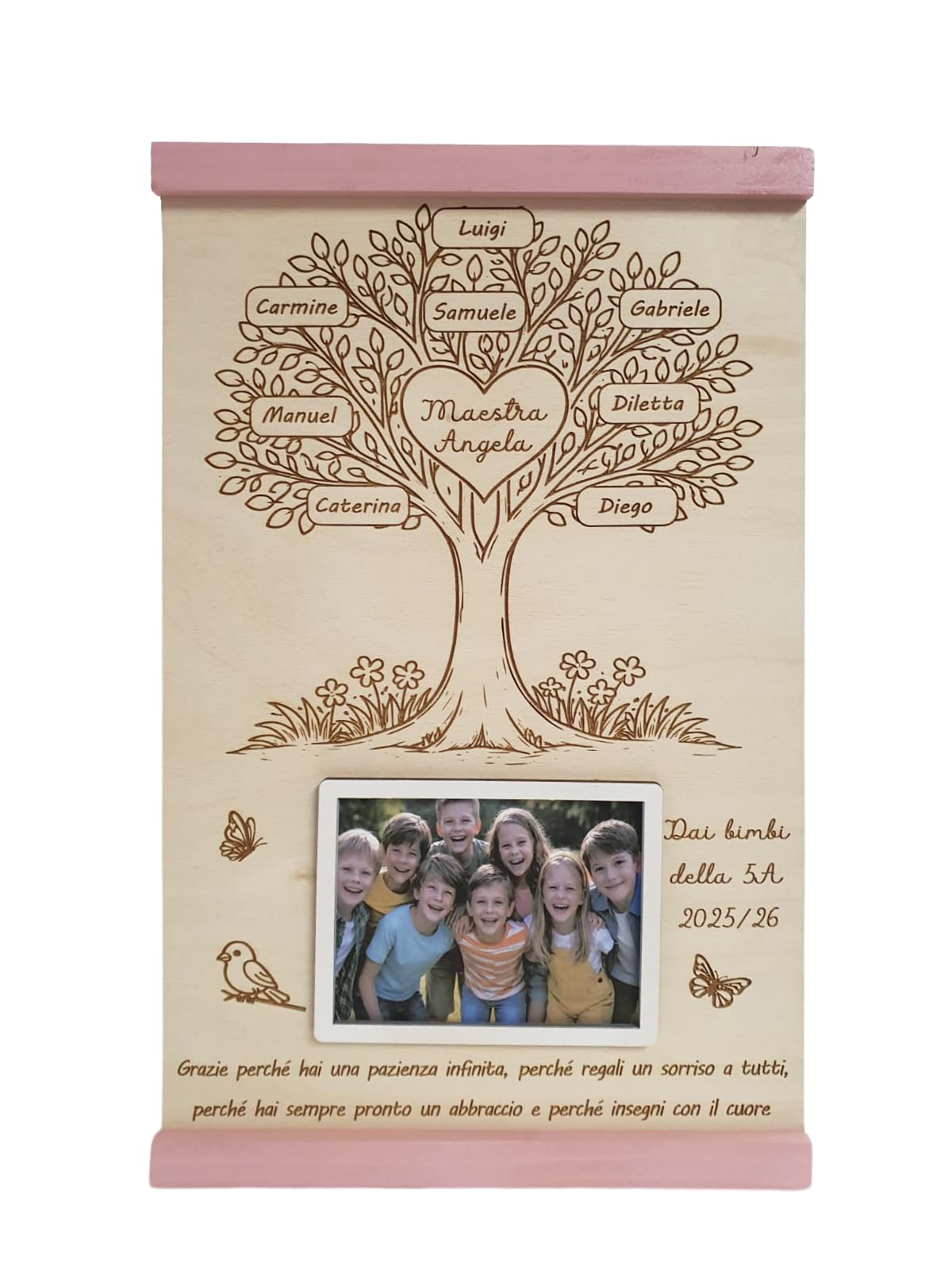 Targa in Legno Personalizzabile con Foto per Maestra e Maestro, Idea Regalo Fine Anno con Dedica degli Alunni, Albero della vita