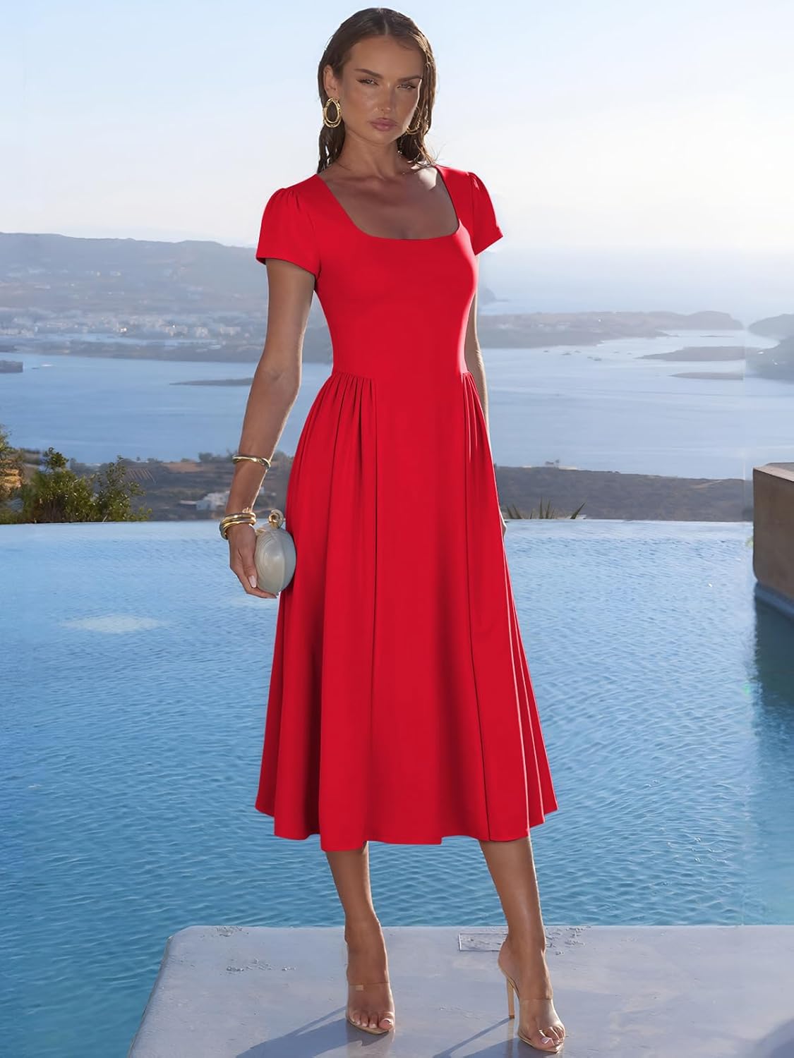 YUNDAI Women's Square Neck Midi Dress Short Sleeve Flowy A-Line Tie Back Dress - Image 4