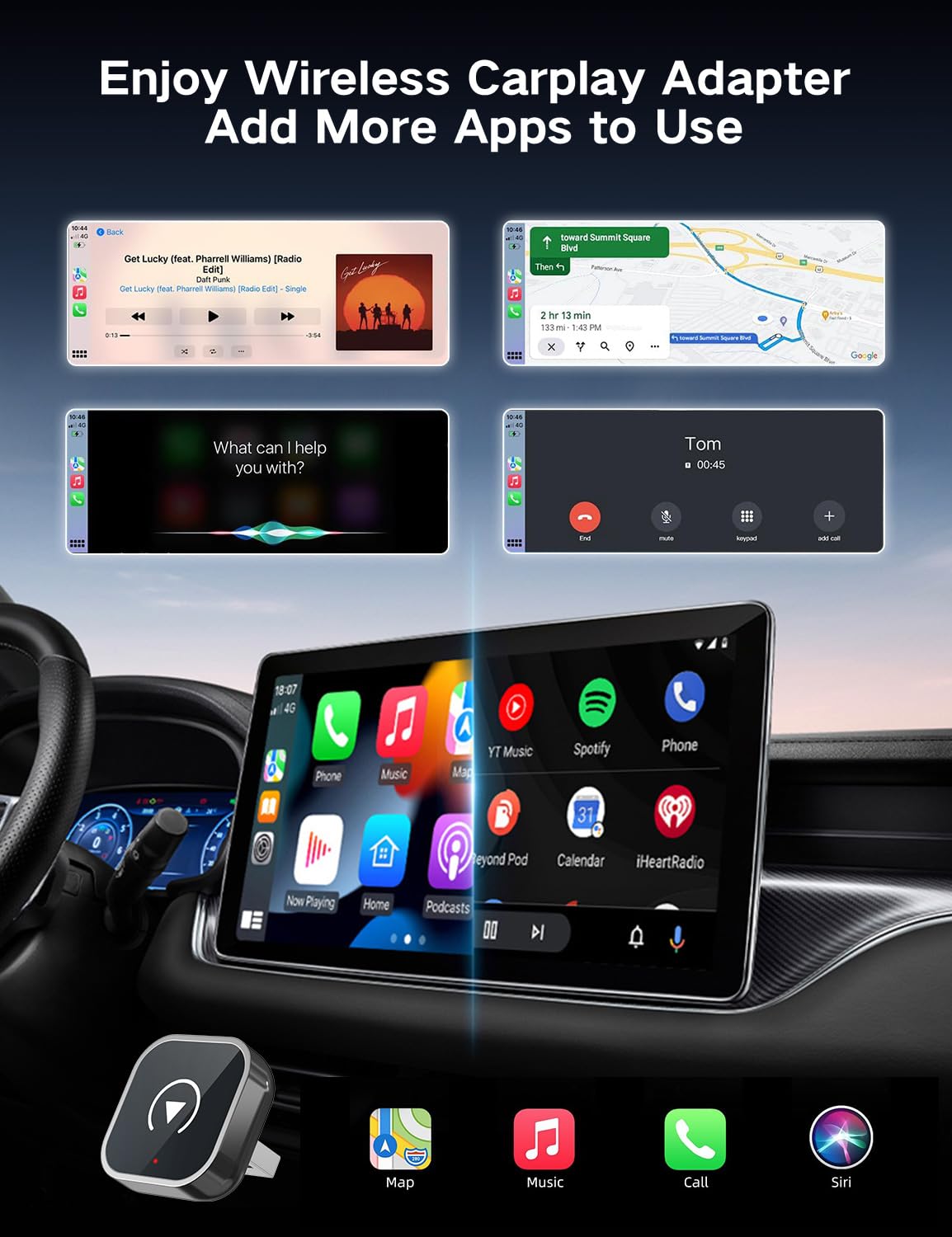 Adaptateur CarPlay sans fil pour iPhone CarPlay/Android Auto, mise à niveau rapide vers le sans fil, Plug & Play, Bluetooth 5.2 et WiFi 5GHz 4, sans latence, Mini & Stable, connexion