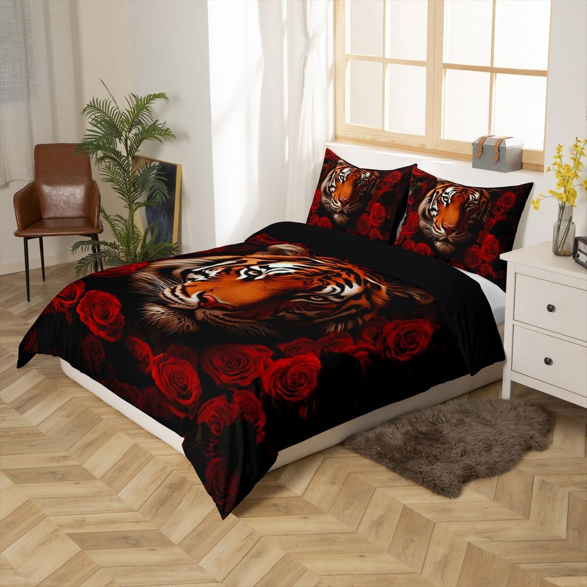Manfei Tiger Duvet Cover Set Toddler Size,Jungle Wild Animal Mysterious Bedding Set,Rustic Red Roses Romantic Flowers Comforter Cover(No Filler) for Kids,2 Pcs