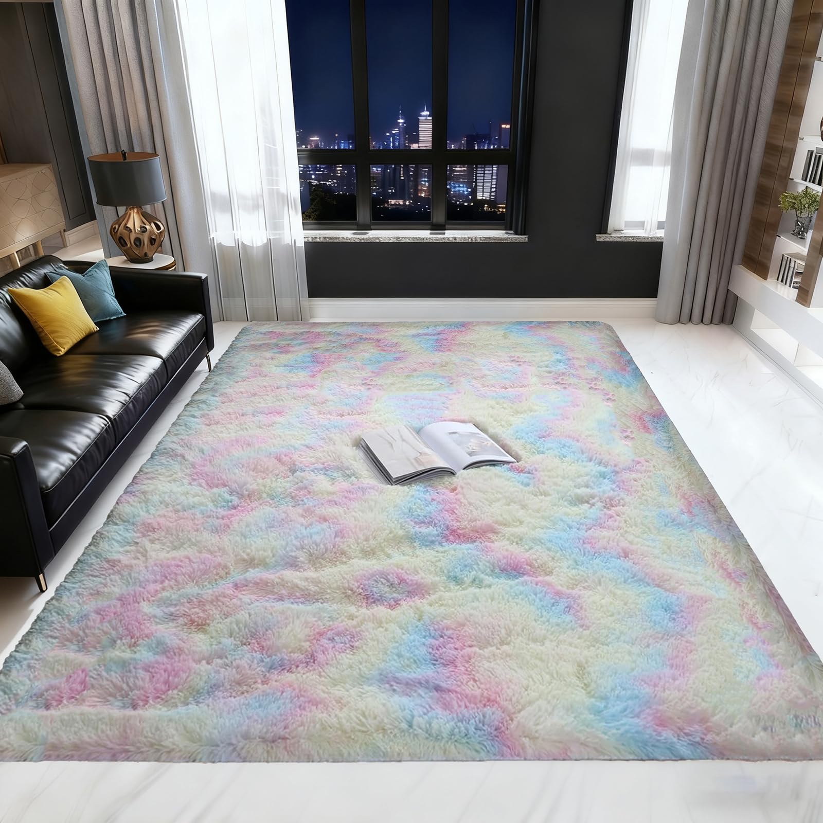Tapis salon shaggy 150x200 cm tie dye gris à poils longs et doux