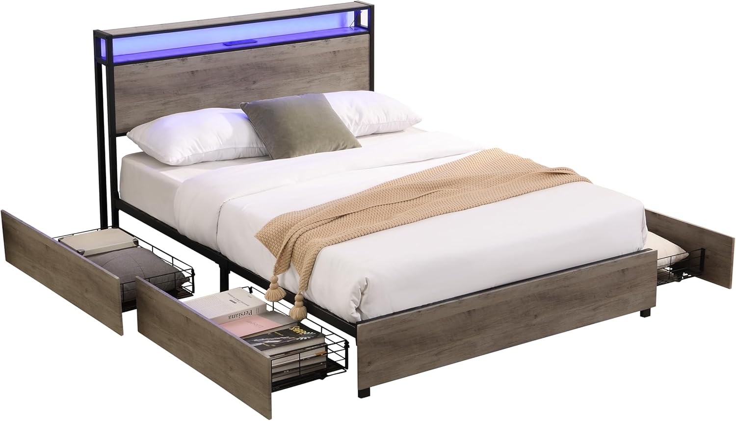 Full Bed Frame, Storage Headboard with Charging Station, Solid and Stable, Noise Free, No Box Spring Needed, Easy Assembly