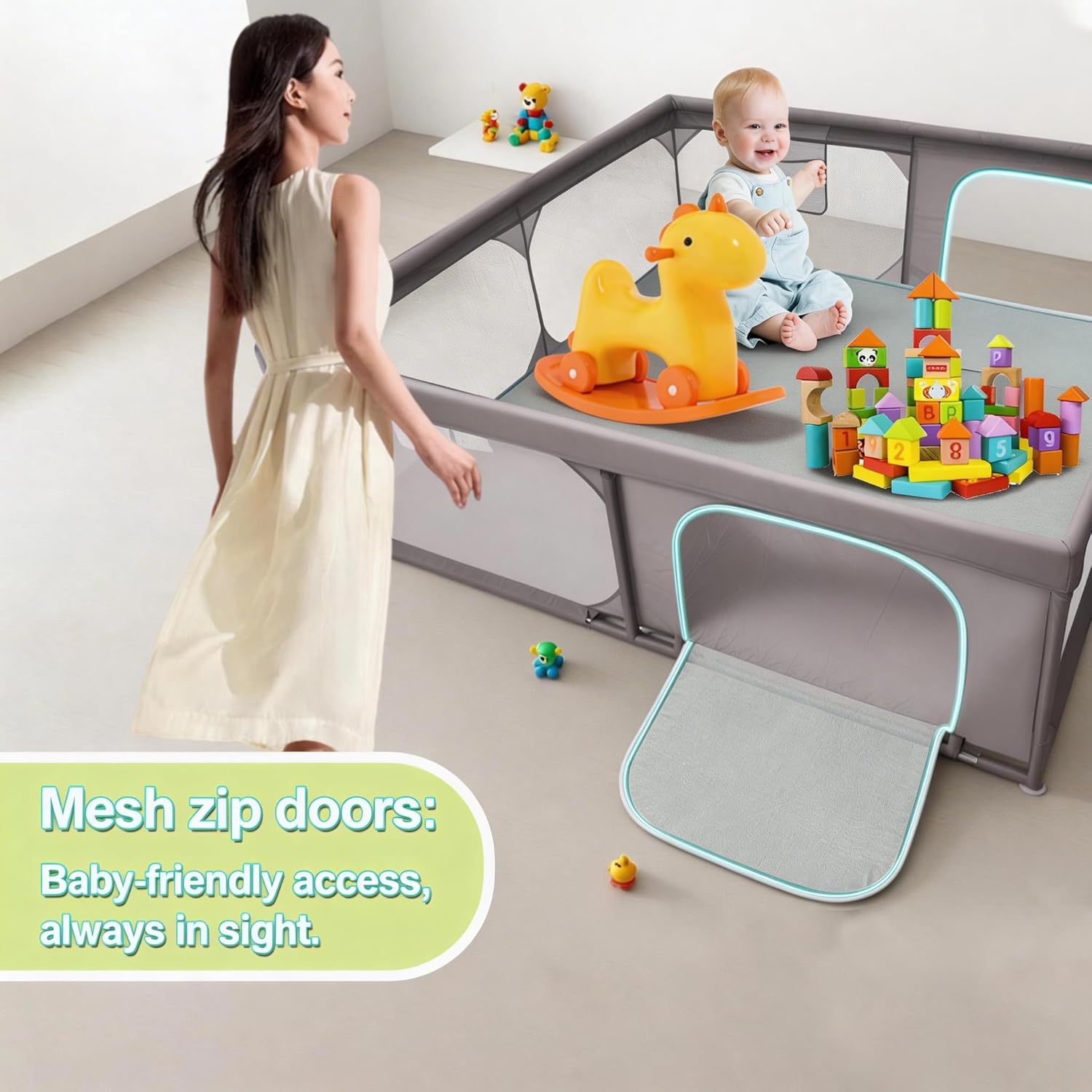 47"x47" Baby Playpen Small with Soft Mat, Full Mesh Visibility Play Yard for Toddlers, Indoor & Outdoor Kids Activity Center with 2 Zipper Doors, Safe Breathable Baby Fence for Infants Ages 6 Months+