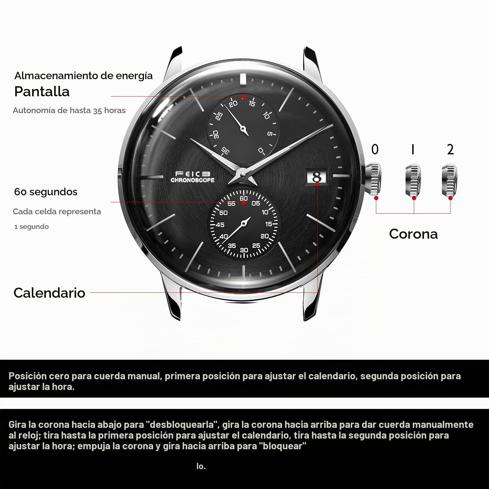 FEICE Reloj Automático para Hombres Reloj Mecánico Reloj Bauhaus con Esfera Cepillada Negra Reloj Multifuncional con Calendario Reloj de Pulsera Impermeable Ø41mm FM212