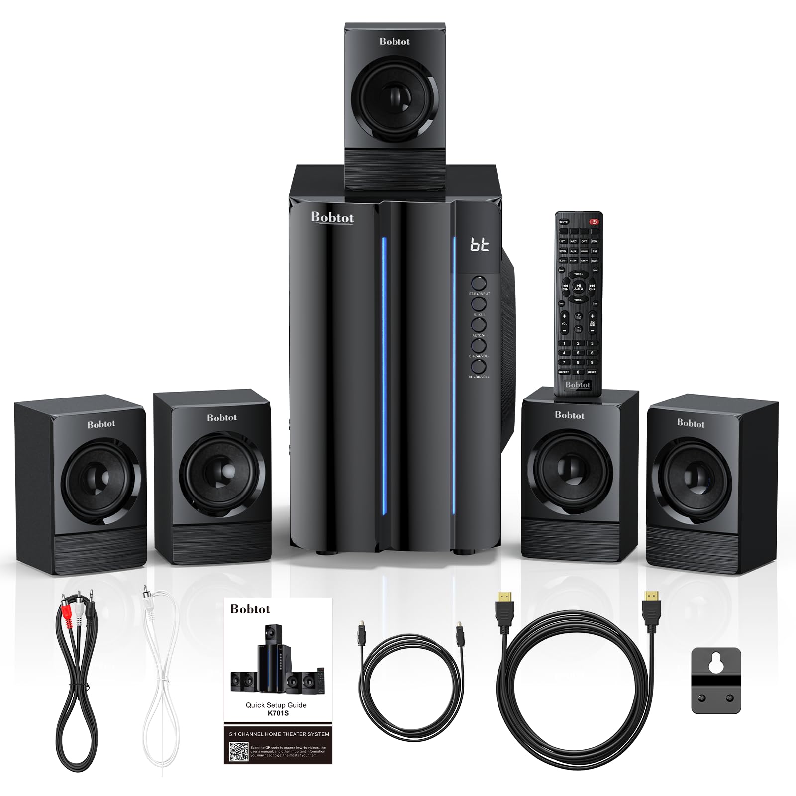 Bobtot Sistema audio surround Home Theater per TV, subwoofer da 6,5 pollici, picco 800 W, bassi profondi 5.1, altoparlanti satellitari cablati, sistemi audio stereo, supporta HDMI ARC ottico Bluetooth