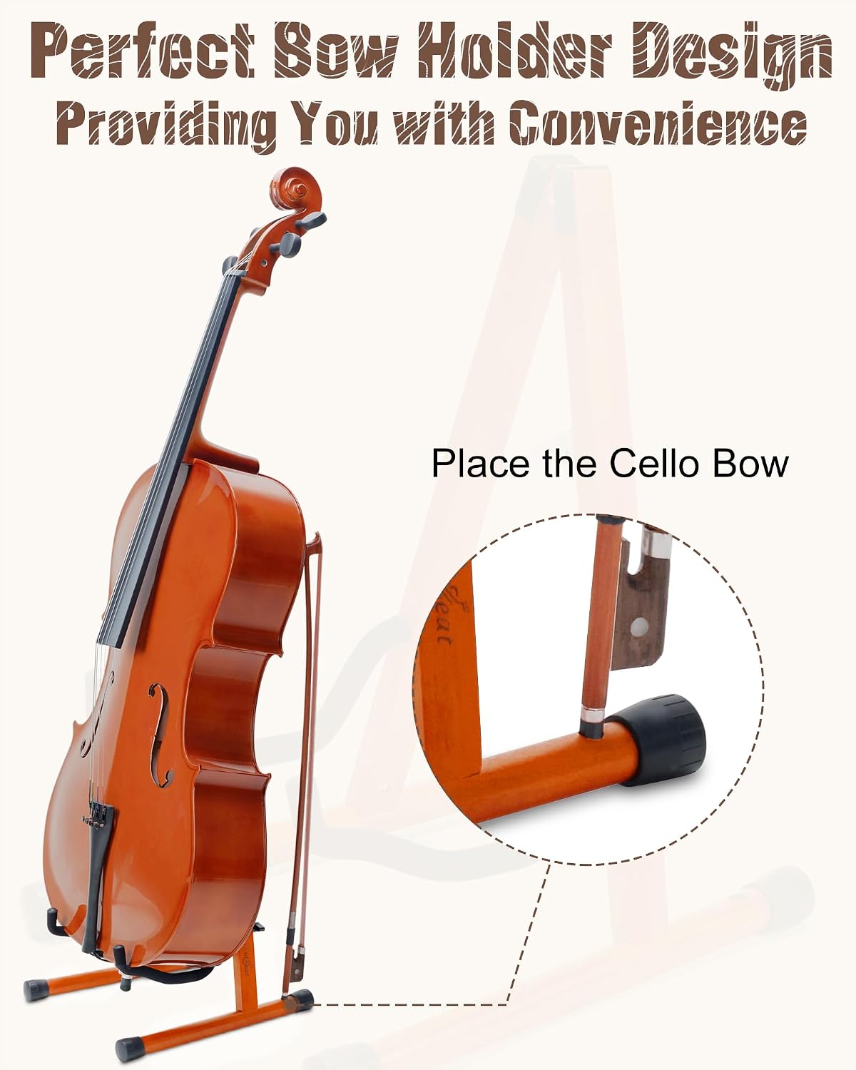 Cello Stand, A-Frame Cello Stand with Bow Holder for Cello Display, Handcrafted Wooden Cello Stand with Padded Foam, Mahogany Walnut Wood Floor Cello Stand for 1/2, 3/4, 7/8, Full-Size Cello, Guitar