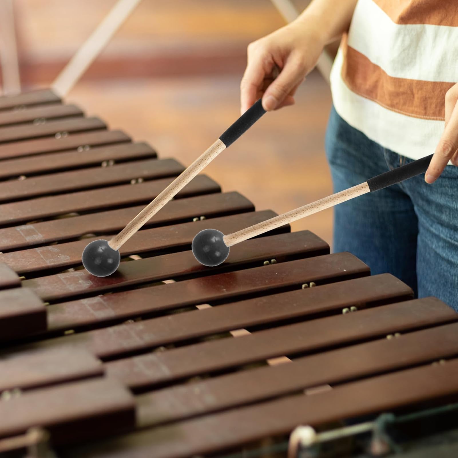 Drum Mallet Shappy Bell Mallets Glockenspiel Sticks, Rubber Xylophone Mallet Percussion With Wood Handle, 15 Inch Long (Black Percussion Kit