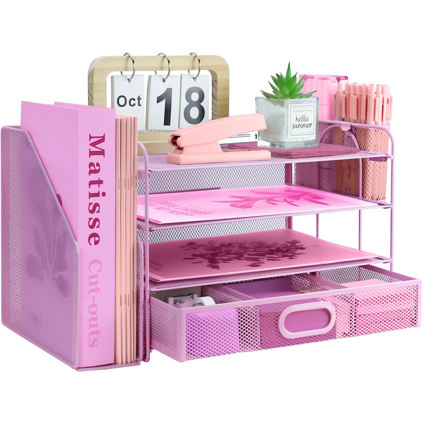 ideallife Desk Organizers and Accessories with File Holder, 4-Tier Paper Letter Tray Organiser with Drawer and 2 Pen Holder, Mesh Desktop Document Organizer for Office Supplies, Workspace - Pink