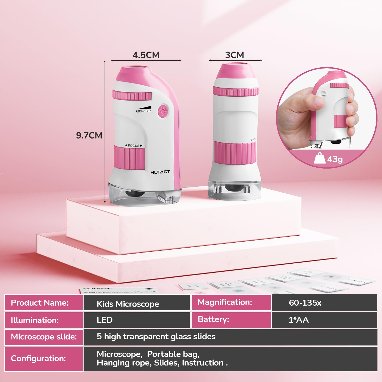 Microscope Enfant de Poche avec Jeu de Lamelles : 60x-135x Mini Microscope LED Portable Cadeau Educatif pour Enfants Etudiants Adultes Observation Microbiologique