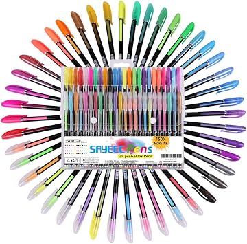SAYEEC 48 Packs Glitter Metallic Gel Pen Set Coloring Neon Pens Set for Adult Coloring Books Art Drawing Writing 1.0mm Tip -12 Metallic,12 Glitter,12 Neon,12 WaterChalk