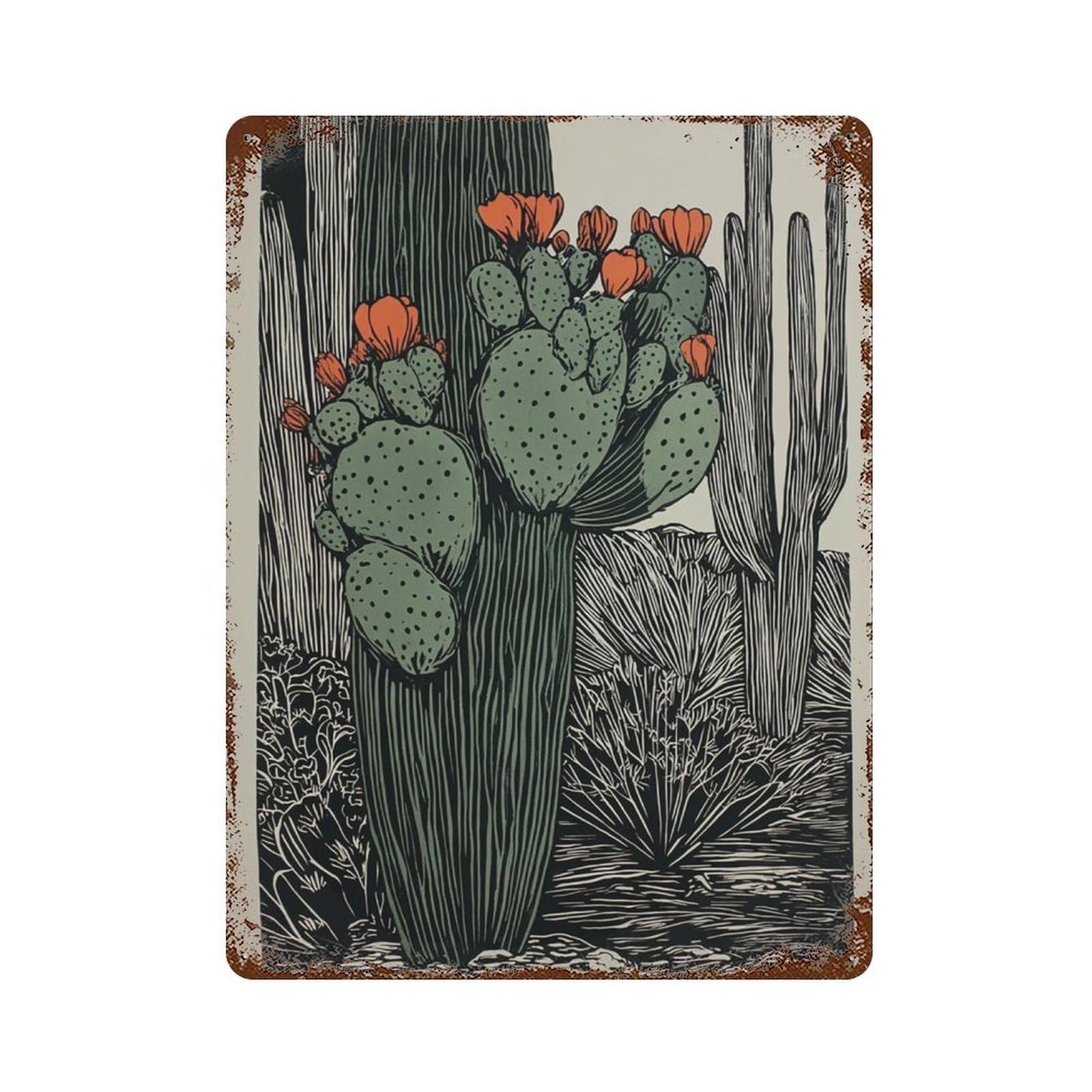 xiaoxiaoshen Cactus Flower Desert Botanical Orange Bloom Southwestern Kitchen Wall Decor Art Metal Tin Poster Modern Home Decor Art Home Bar Shop Decorations Vintage Sign 40x30cm