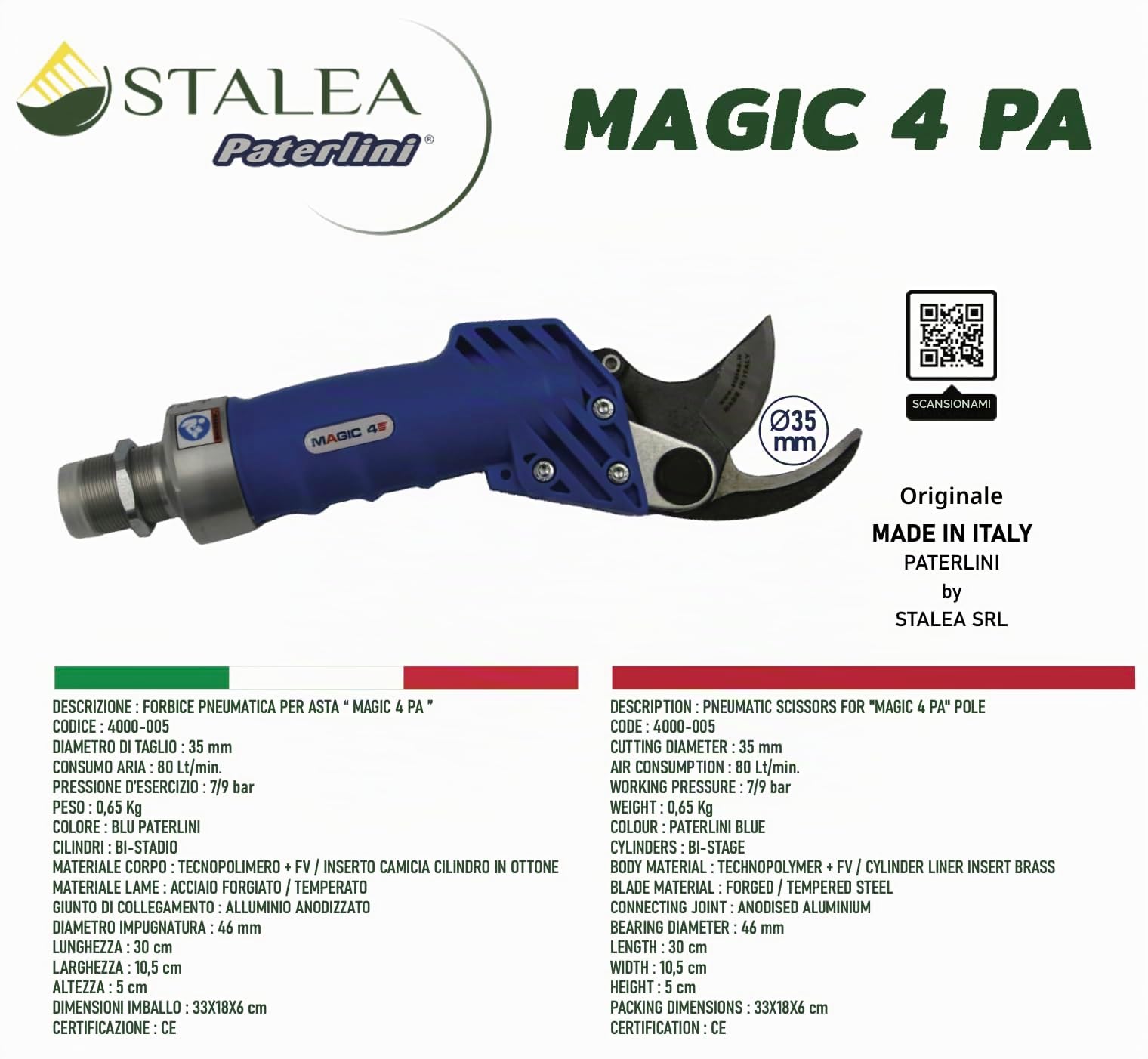PATERLINI Forbici Potatura Pneumatica, Potatura ad Aria Compressa - Forbice Pnuematica - Cesoie Pneaumtiche per Potatura Facile e Taglio Rami senza fatica - Cesoie Giardinaggio (Magic 4 PA)