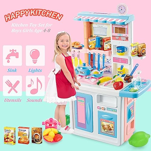 Miniatura 6 de Juego de cocina para niños, juego de cocina para niñas con luces y sonidos, estufa de cocina con vapor, fregadero de juegos, cortar alimentos y