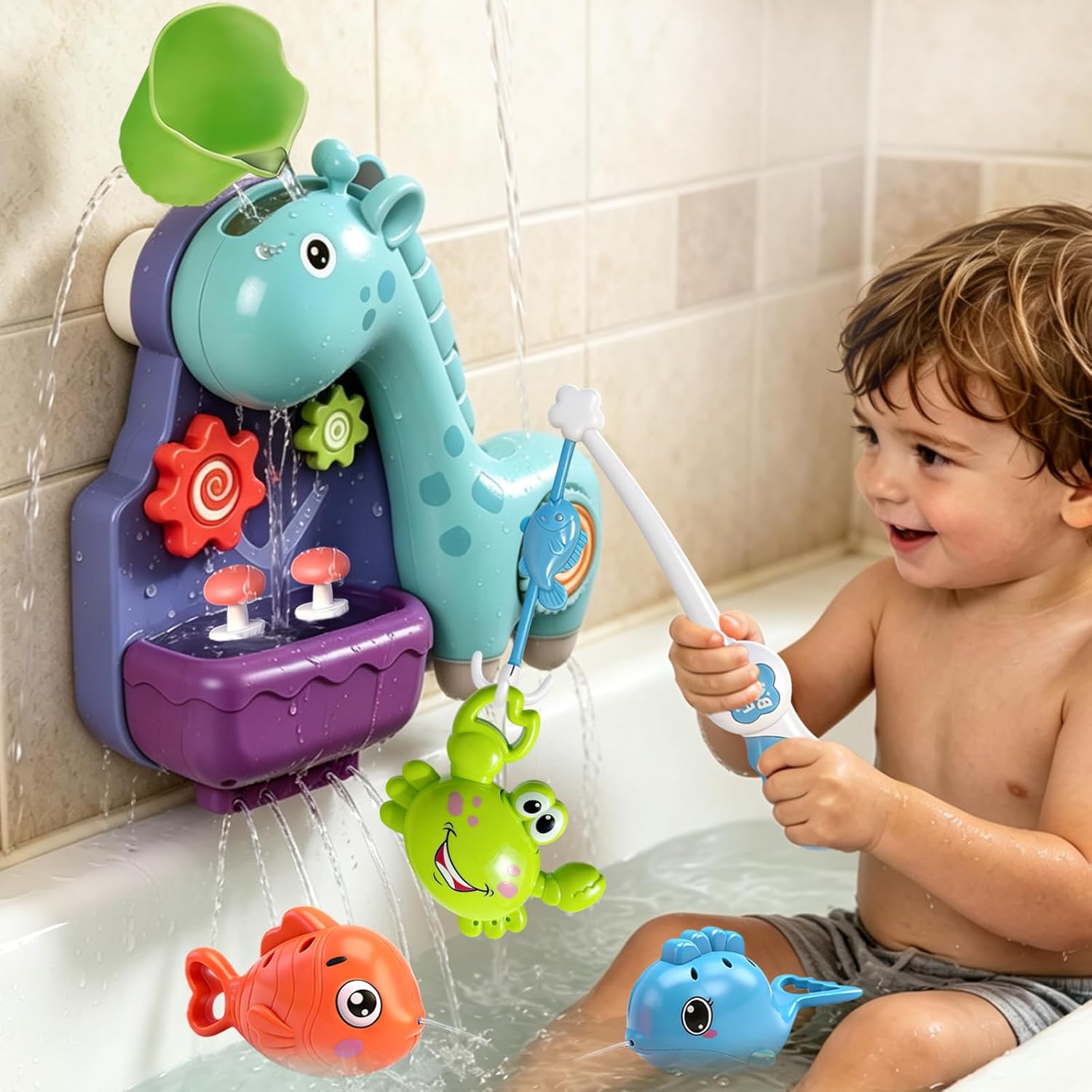 Baby Bath Toys for Toddlers Ages 18+ Months, Cute Giraffe Interactive Toddler Bathtub Toys with Fishing Pole and Water Spraying Animals, Ideal Baby Bath Time Gift for Boys Girls